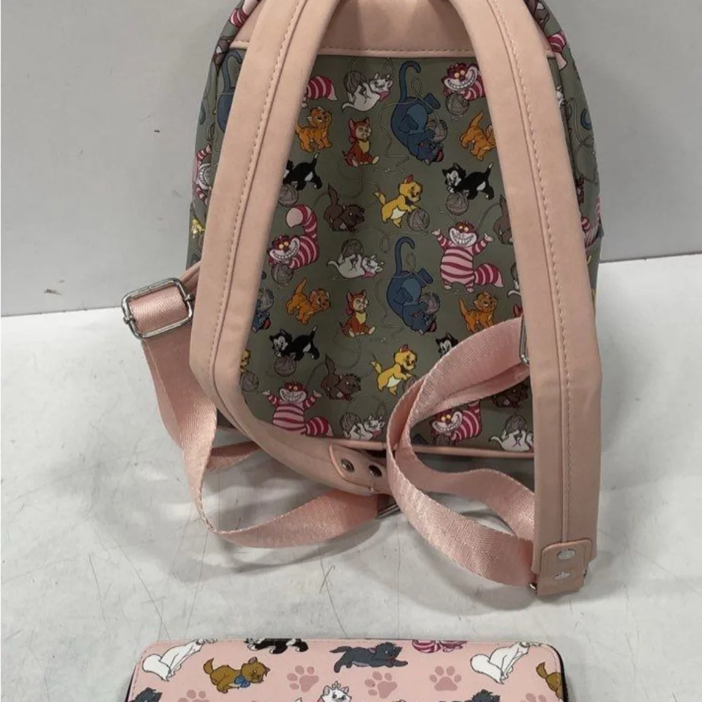 Loungefly Disney Cats Mini Backpack & Wallet Bundle Gray/Pink - Picture 2 of 6
